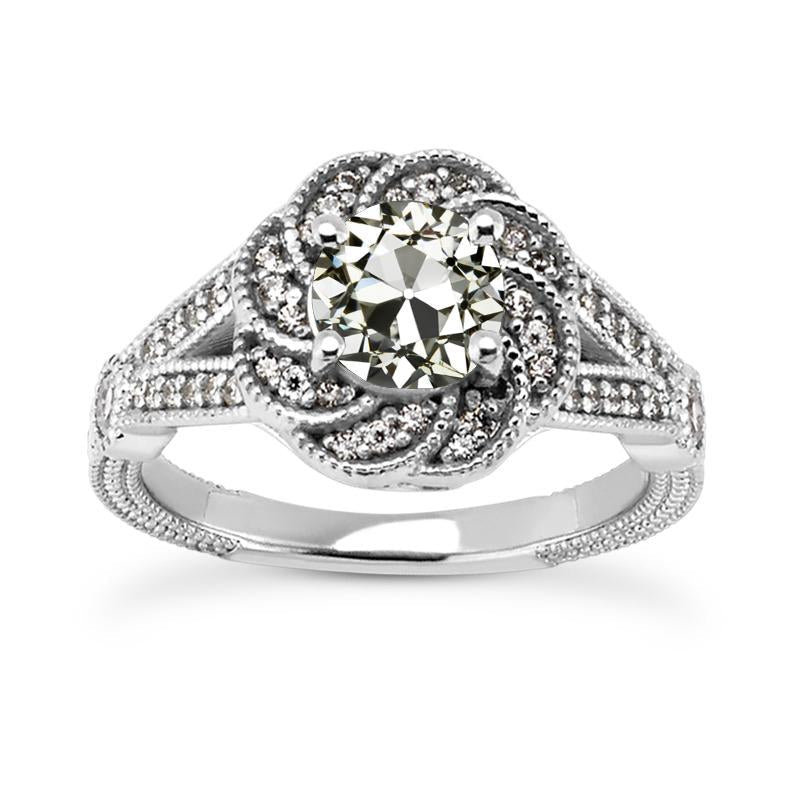 Anello Con Vero Diamante A Taglio Antico, Fiore, Gambo Diviso, Stile Vintage, 4,50 Carati