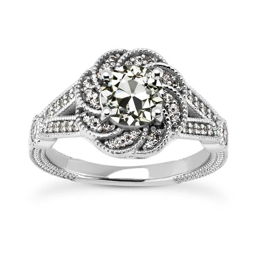 Anello Con Vero Diamante A Taglio Antico, Fiore, Gambo Diviso, Stile Vintage, 4,50 Carati