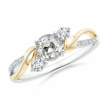 Anello Con Vero Diamante Bicolore 1.60 Carati Rotondo Stile Foglia Tagliata A Miniera Antica