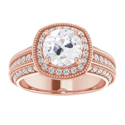 Anello Con Vero Diamante Rotondo Taglio Antico Halo Stile Vintage 4,75 Carati In Oro Rosa