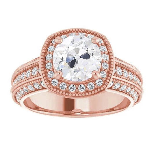 Anello Con Vero Diamante Rotondo Taglio Antico Halo Stile Vintage 4,75 Carati In Oro Rosa
