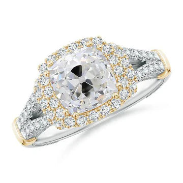 Anello Cuscino Con Vero Diamante Aureola Vecchio Minatore 4 Carati Oro Giallo E Bianco 14K