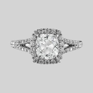 Anello Cuscino Halo Vero Diamanti Tondi Taglio Vecchio 3.75 Carati Gambo Diviso