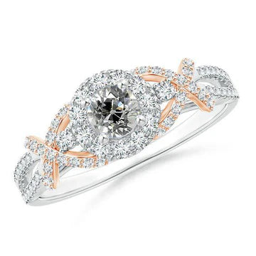 Anello Da Donna Con Vero Diamante Bicolore Rotondo In Oro Vecchio Taglio 3 Carati Stile X