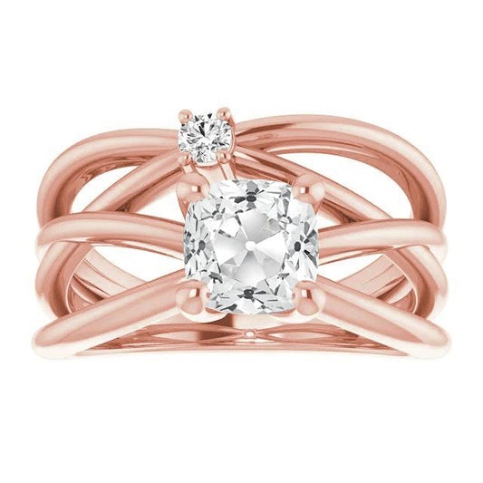 Anello Da Donna Rotondo E Cuscino Con Vero Diamante A Taglio Antico, 4 Griffe, 5,50 Carati