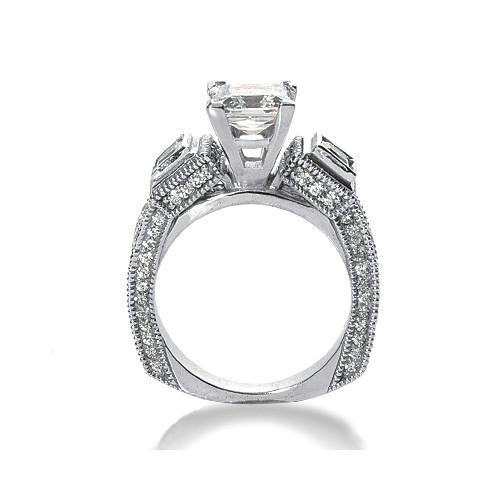 Anello Di Fidanzamento Con 3 Pietre In Stile Antico Con Genuino Diamante A Gambo Europeo Da 2,50 Ct In Oro Bianco 14K