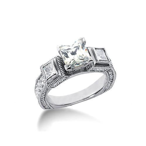 Anello Di Fidanzamento Con 3 Pietre In Stile Antico Con Genuino Diamante A Gambo Europeo Da 2,50 Ct In Oro Bianco 14K