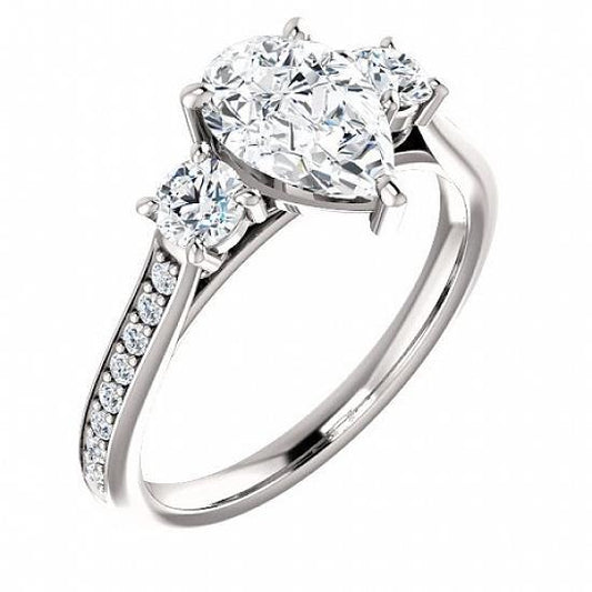 Anello Di Fidanzamento Con 3 Pietre Pera E Vero Diamante Rotondo 1.80 Carati Accenti Oro