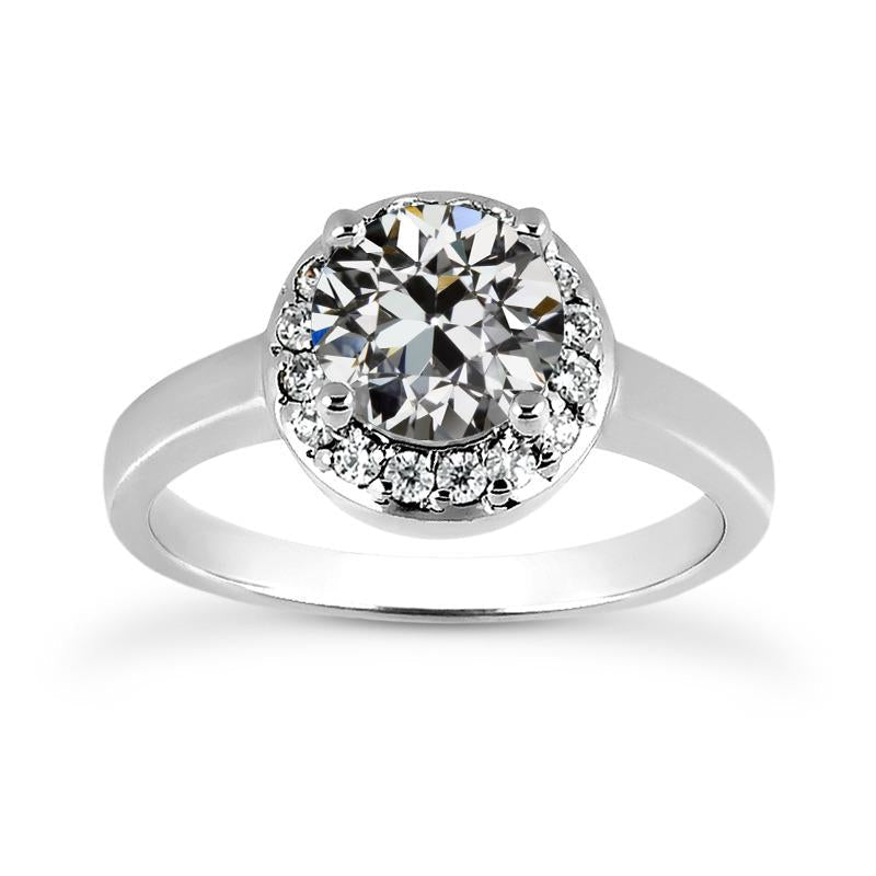 Anello Di Fidanzamento Con Alone In Oro Bianco Rotondo Vecchio Minatore Vero Diamante 3,25 Carati