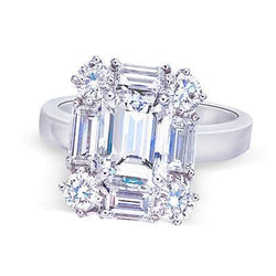 Anello Di Fidanzamento Con Genuino Diamante Centrale Smeraldo 3 Carati Oro Bianco 14K