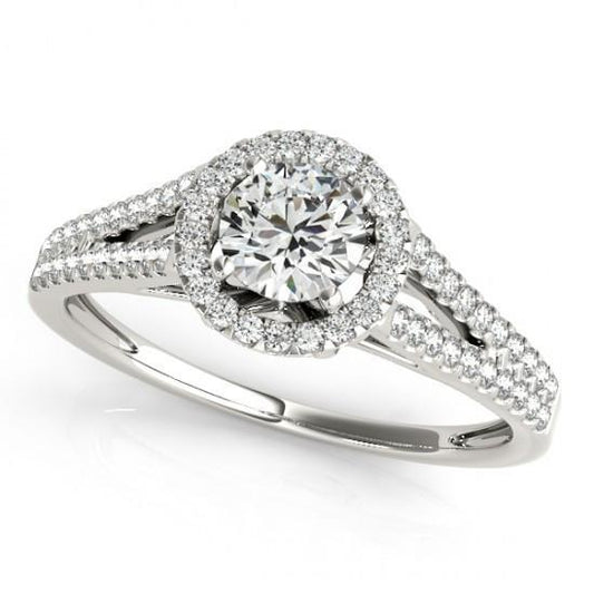 Anello Di Fidanzamento Con Genuino Diamante Rotondo Halo Con Gambo Diviso 1.37 Carati WG 14K