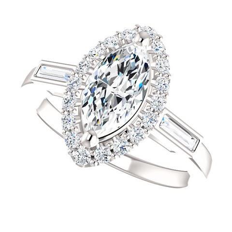 Anello Di Fidanzamento Con Naturale Diamante Centrale E Baguette A Forma Di Marquise Da 1,30 Carati