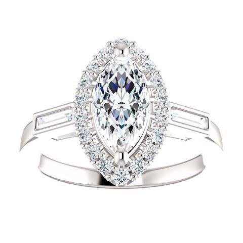 Anello Di Fidanzamento Con Naturale Diamante Centrale E Baguette A Forma Di Marquise Da 1,30 Carati