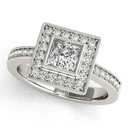 Anello Di Fidanzamento Con Naturale Diamante Principessa E Diamante Rotondo Aureola 1.50 Carati WG