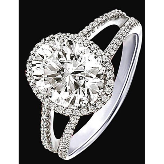 Anello Di Fidanzamento Con Naturale Diamanti Halo Da 2.30 Carati. Doppio Gambo In Oro Bianco 14K