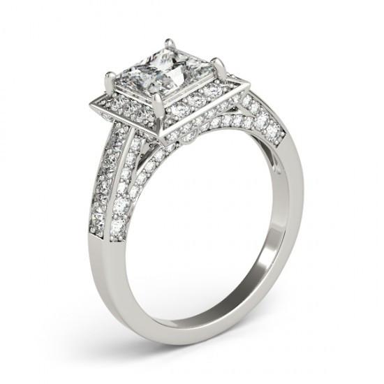 Anello Di Fidanzamento Con Taglio A Vero Diamante Rotondo Princess Halo 1.75 Carati WG 14K
