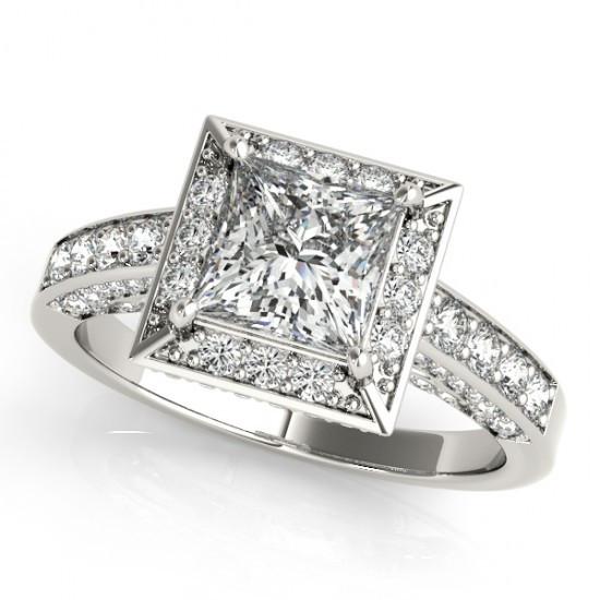 Anello Di Fidanzamento Con Taglio A Vero Diamante Rotondo Princess Halo 1.75 Carati WG 14K