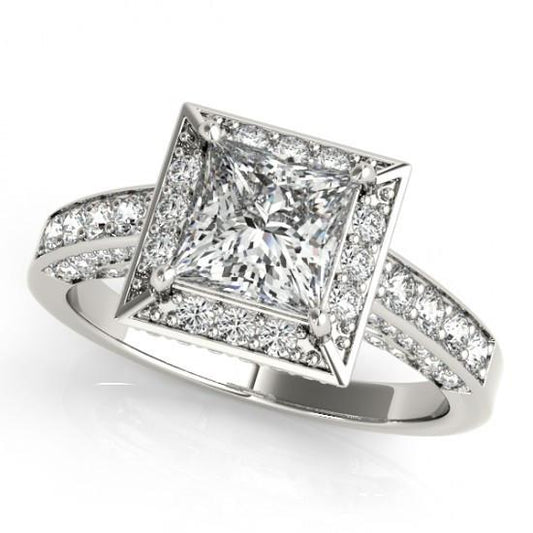 Anello Di Fidanzamento Con Taglio A Vero Diamante Rotondo Princess Halo 1.75 Carati WG 14K