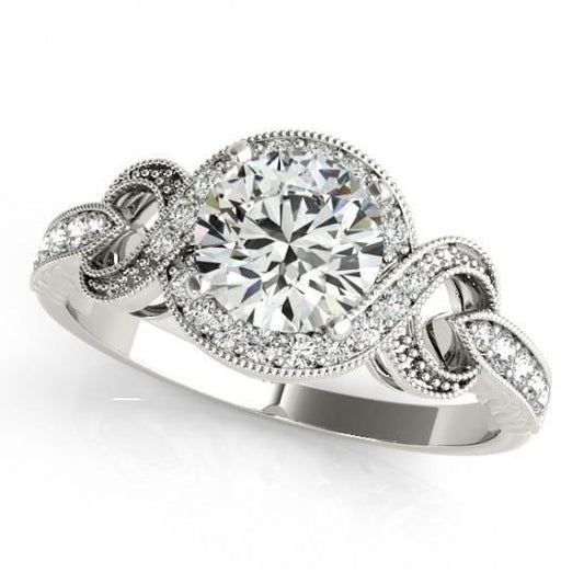 Anello Di Fidanzamento Con Vero Diamante Halo. Gambo Intrecciato. 1.35 Carati. Oro Bianco 14K
