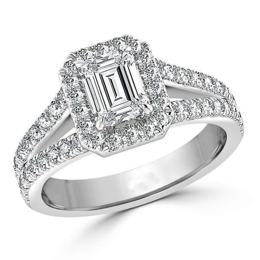 Anello Di Fidanzamento Con Vero Diamante Halo Taglio Smeraldo 2.70 Carati. Oro Bianco 14K
