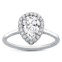 Anello Di Fidanzamento Con Vero Diamante Rotondo Halo Anniversario Pera 2 Carati WG 14K