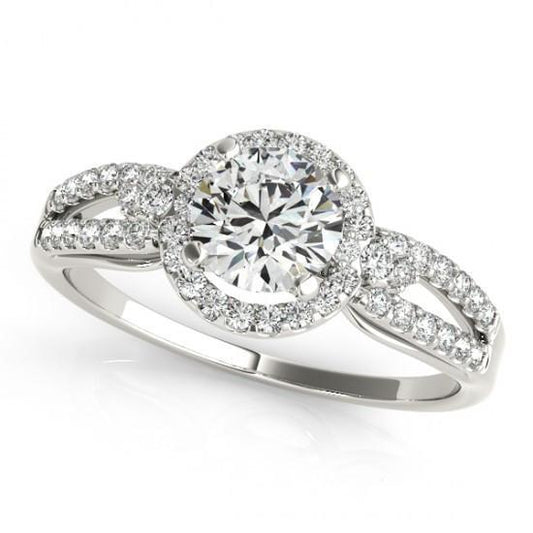 Anello Di Fidanzamento Con Vero Diamante Rotondo Halo Gambo Diviso 1.50 Carati WG 14K