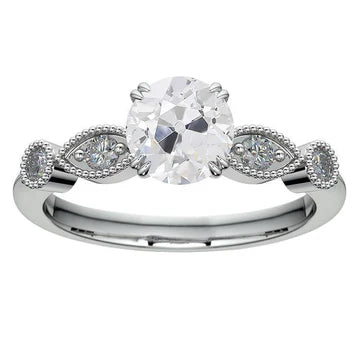 Anello Di Fidanzamento Con Vero Diamante Tondo Taglio Vecchia Miniera 3 Carati Con Doppia Punta Milgrain
