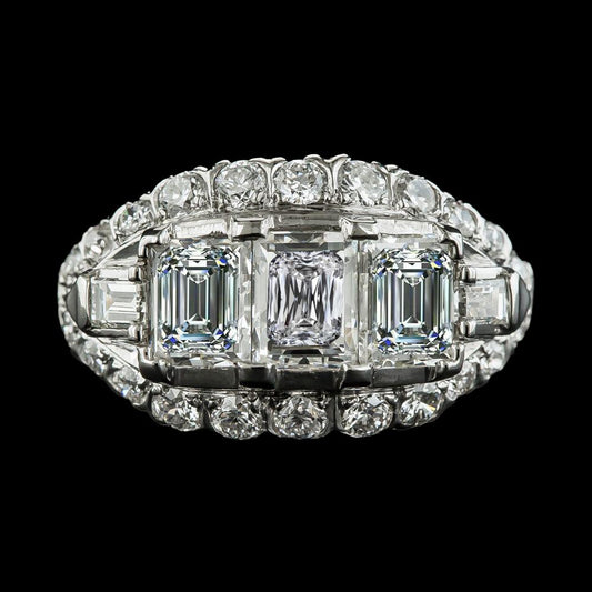 Anello Di Fidanzamento Con Vero Diamanti Baguette E Smeraldo Stile Antico 6,75 Carati