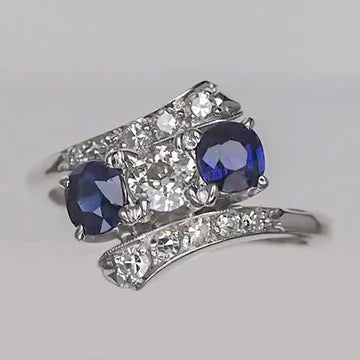 Anello Di Fidanzamento Con Vero Diamanti Rotondi Taglio Antico E Zaffiro Blu 4 Carati