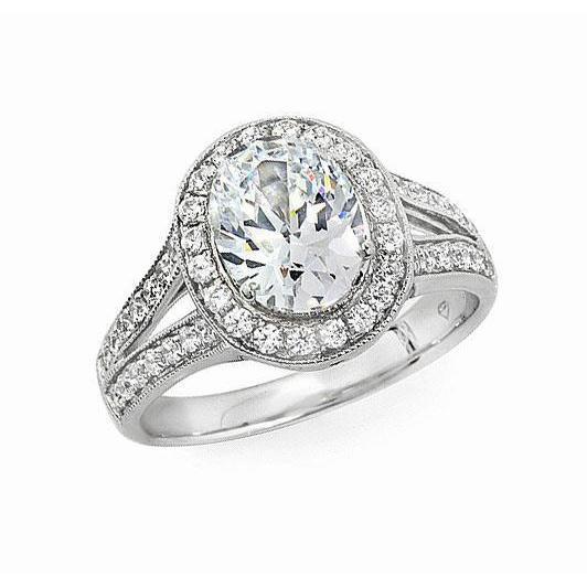 Anello Di Fidanzamento Halo Con Genuino Diamante Rotondo E Ovale Da 1.85 Carati Oro Bianco 14K