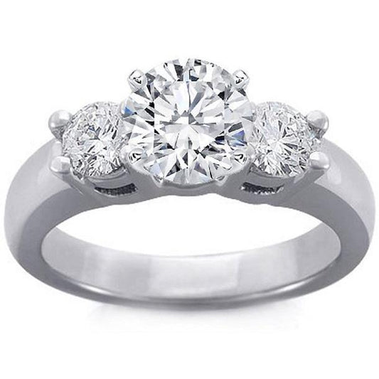 Anello Di Fidanzamento In Oro Bianco 14K Con Genuino Diamante Rotondo A Tre Pietre Da 1,30 Ct