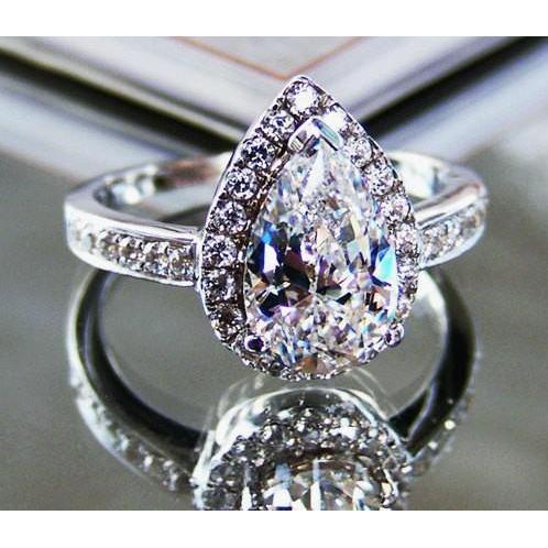 Anello Di Fidanzamento In Oro Bianco 14K Con Naturale Diamanti Taglio Rotondo E Pera 2,90 Carati