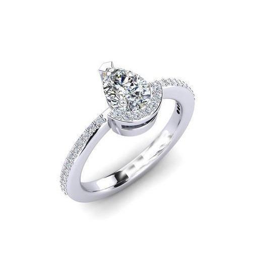 Anello Di Fidanzamento In Oro Bianco 14K Con Pera E Vero Diamante Taglio Rotondo Da 2,20 Ct