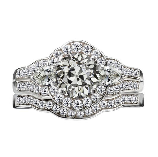 Anello Di Fidanzamento In Oro Con Pera E Vero Diamante Tondo Taglio Vecchia Miniera 8,50 Carati