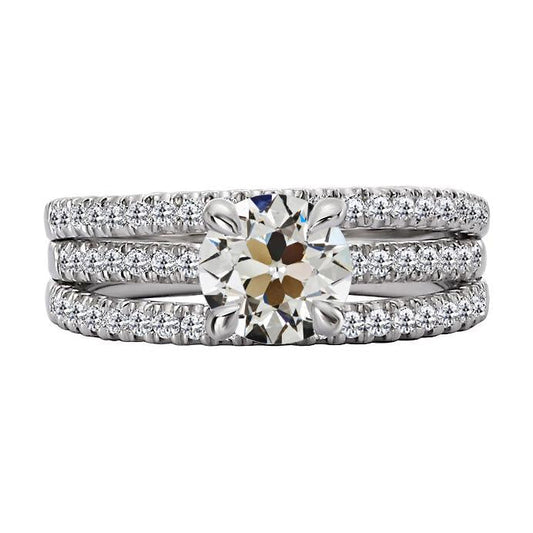 Anello Di Fidanzamento Rotondo Con Vero Diamante Taglio Vecchio Con Accenti A Tripla Fila 6 Carati