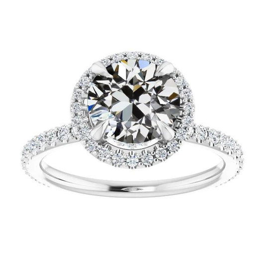 Anello Di Fidanzamento Rotondo Vecchio Minatore Genuino Diamante Halo Oro Bianco 14K 7 Carati