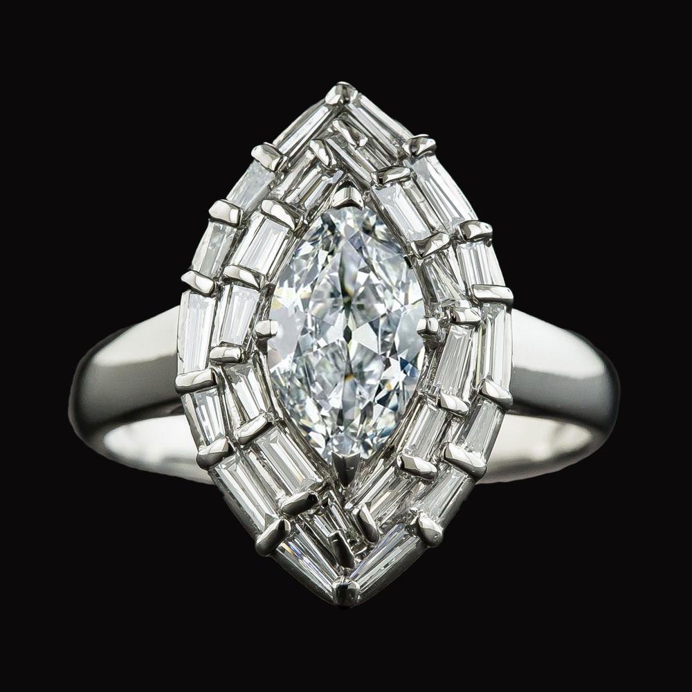 Anello Double Halo Baguette & Marquise Vecchio Minatore Naturale Diamante 5.50 Carati