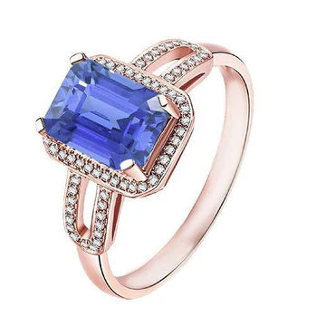 Anello Halo 3,50 carati zaffiro blu smeraldo e diamante in oro rosa 14K