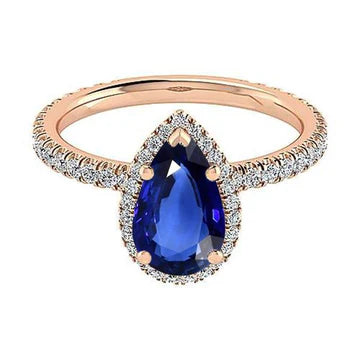 Anello Halo Anniversary con zaffiro blu pera 5 carati e diamanti in oro bianco 14K