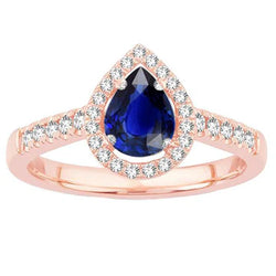 Anello Halo Anniversary con zaffiro dello Sri Lanka a 3 carati e diamante con taglio a pera in oro bianco 14K