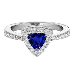 Anello Halo Anniversary con zaffiro taglio trilioni di 3 carati e diamante in oro bianco 14K