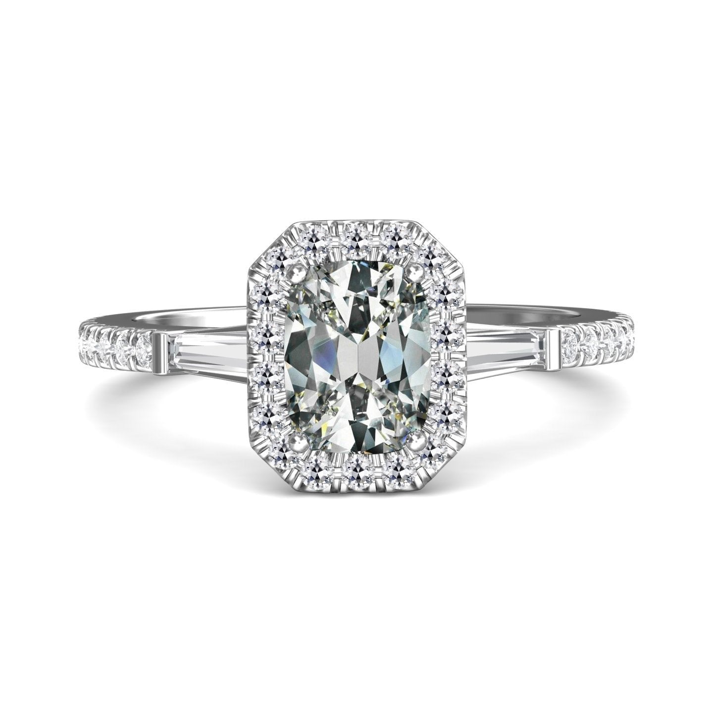 Anello Halo Baguette Affusolata E Vero Diamante Ovale A Taglio Vecchia Miniera 5 Carati