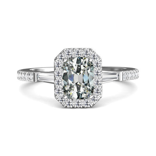 Anello Halo Baguette Affusolata E Vero Diamante Ovale A Taglio Vecchia Miniera 5 Carati