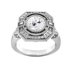Anello Halo Baguette E Naturale Diamanti Rotondi Taglio Vecchia Miniera 3.75 Carati Milgrain