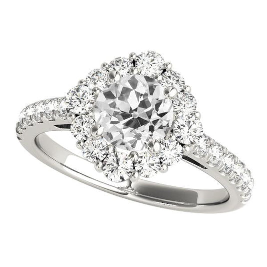 Anello Halo Con Naturale Diamante Rotondo, Oro Bianco Antico Europeo 4,50 Carati 14K