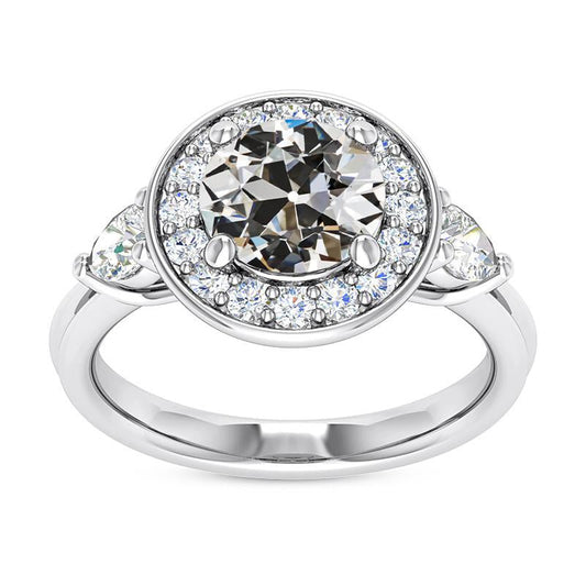 Anello Halo Con Pera E Vero Diamante Taglio Antico Rotondo 3 Pietre 6,50 Carati
