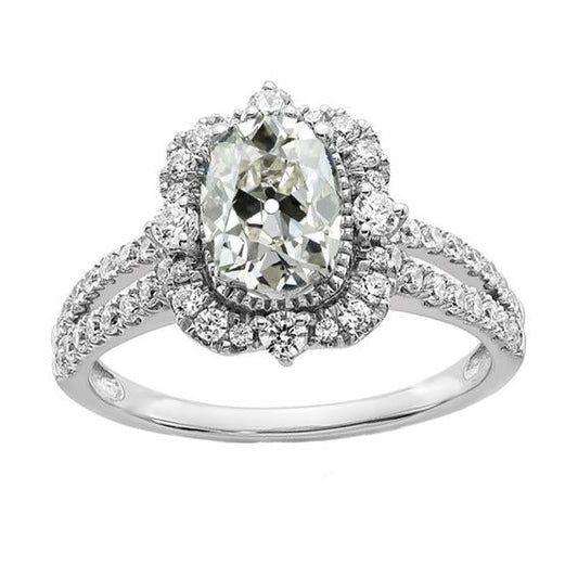 Anello Halo Da Donna Rotondo E Ovale Con Genuino Diamante A Taglio Antico Con Gambo Diviso 5 Carati