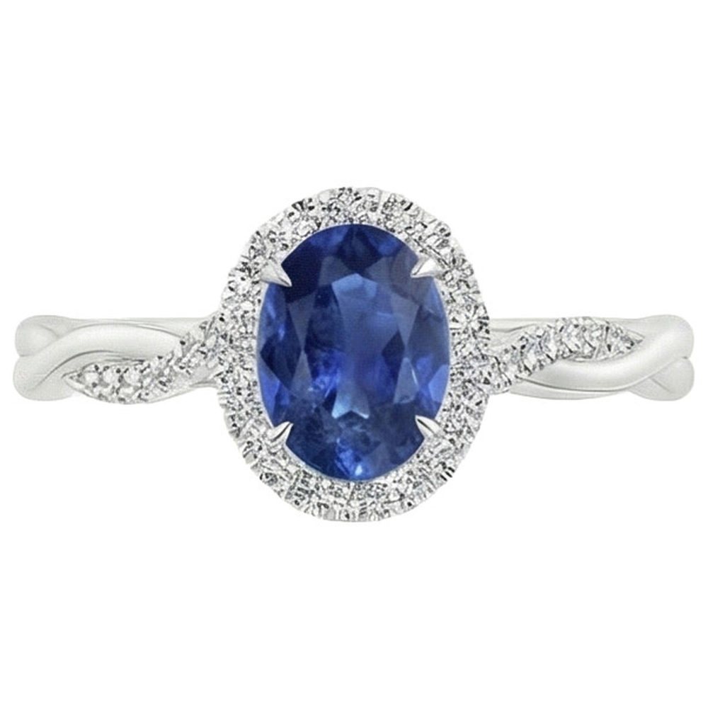 Anello Halo Diamante Bianco Zaffiro Blu Naturale Con Gambo Ritorto 5 Carati