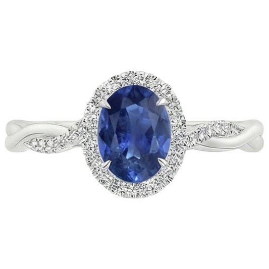 Anello Halo Diamante Bianco Zaffiro Blu Naturale Con Gambo Ritorto 5 Carati