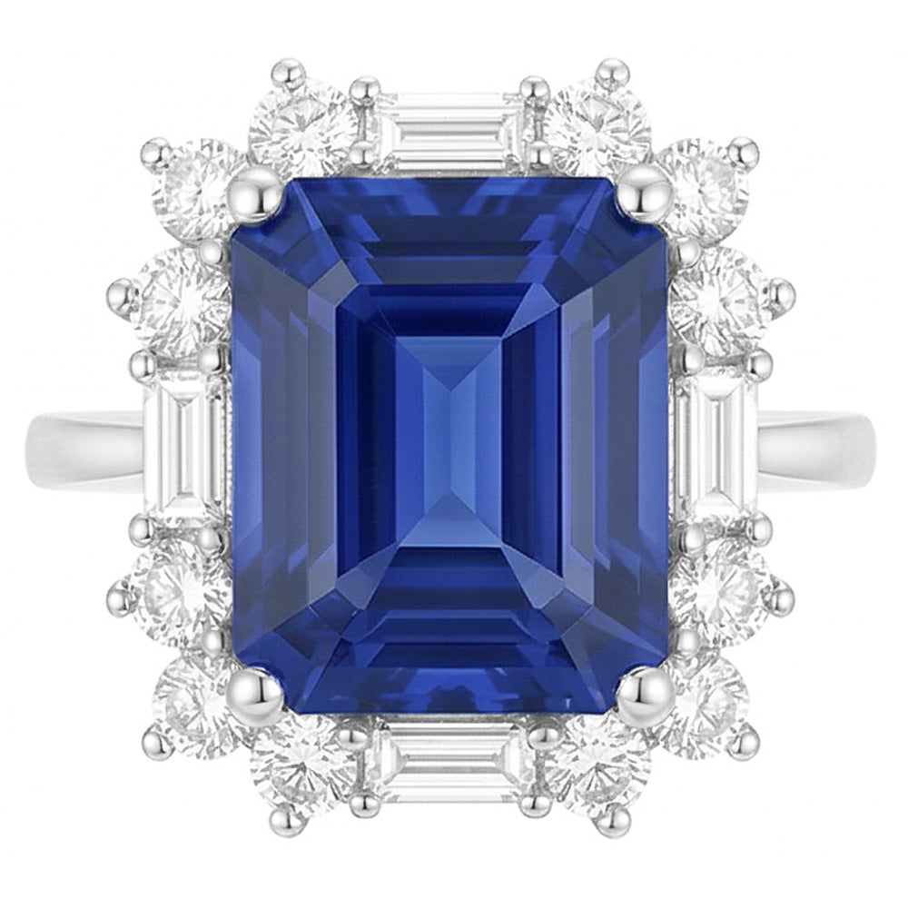 Anello Halo Emerald Blue Zaffiro Rotondo e Diamanti Naturali Autentici ( non creati in laboratorio ) Baguette 3.50 Carati
